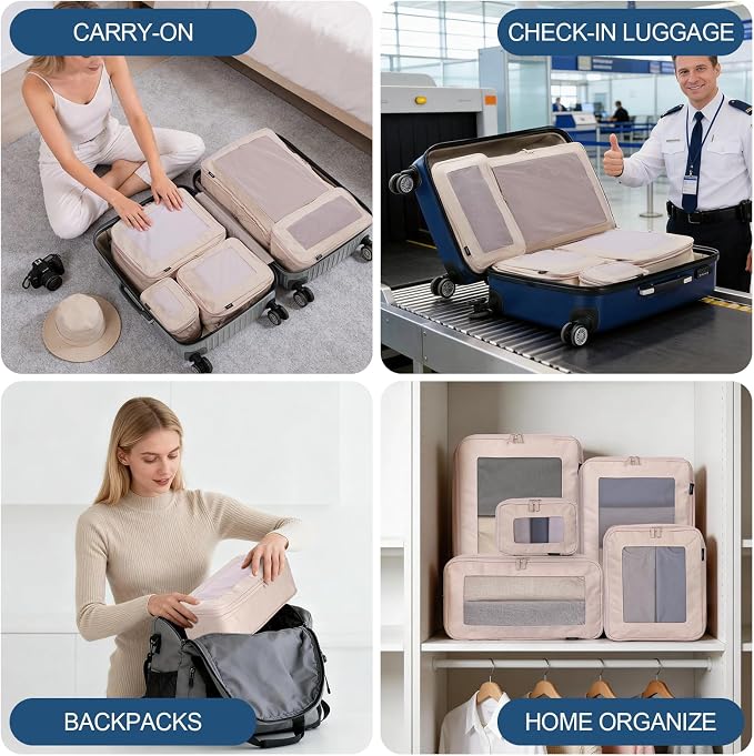 Compression Packing Cubes - Travel Organizer Bags for Suitcases and Luggage, Eco-Friendly Fabric (5-Pack) (Beige) - Image 8