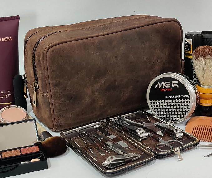 RUSTIC TOWN Full Grain Leather Travel Toiletry Bag - Cosmetic Ditty Kit Organizer (Dark Brown) - Image 6