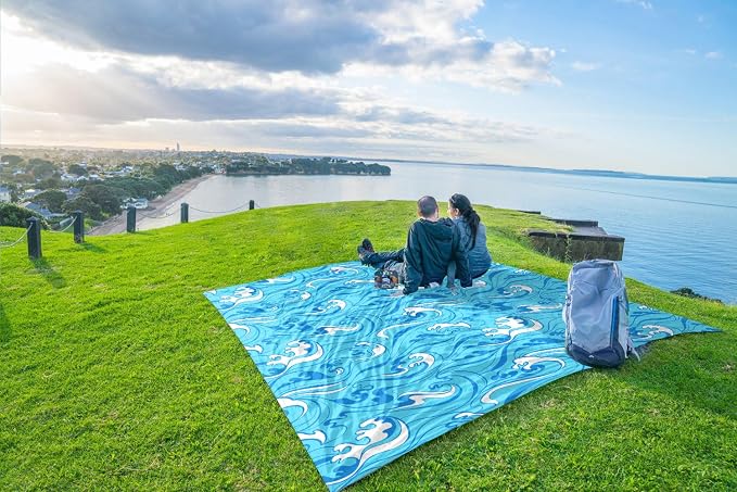 WEKAPO Beach Blanket Waterproof Sandproof Oversized Extra Large Sand Free Beach Mat with Stakes, Storage Bag - Essentials for Outdoor Beach, Picnic (Blue Ocean Waves, 8 X 7 FT (1~4 Person)) - Image 8