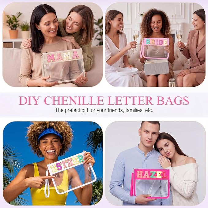 Sweetude 24 Pcs Clear Makeup Bags with Wristlet Pouch DIY Chenille Letter Bag Bulk Waterproof Toiletry Flat Preppy Nylon Clear Zipper Pouches Snack Organizer for Women (Pink Purple) - Image 7