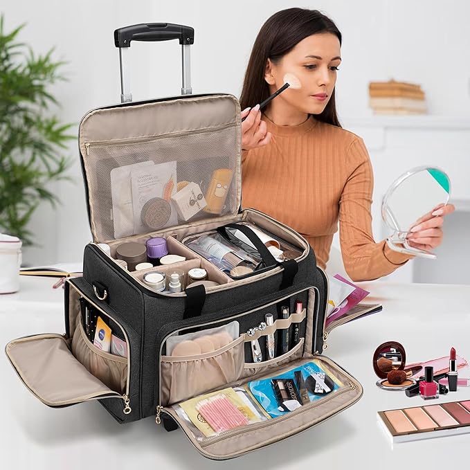 LUXJA Rolling Makeup Case with 3 Removable Makeup Bags and 1 Brush Holder | Large Cosmetic Bag with Detachable Shoulder Strap and Dolly, Professional Train Case with Multiple Storage Pockets, Black - Image 8