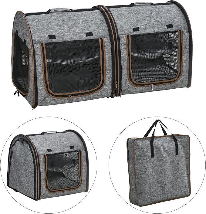 PawHut 39" Portable Soft-Sided Cat Carrier, Cat Kennel, Travel Dog Crate with Divider, Two Compartments, Soft Cushions & Storage Bag, Easy to Fold, Light Gray | Cat Kennel, Travel Dog Crate with Divider, Soft Cushions & Storage Bag, Easy to Fold - Image 9