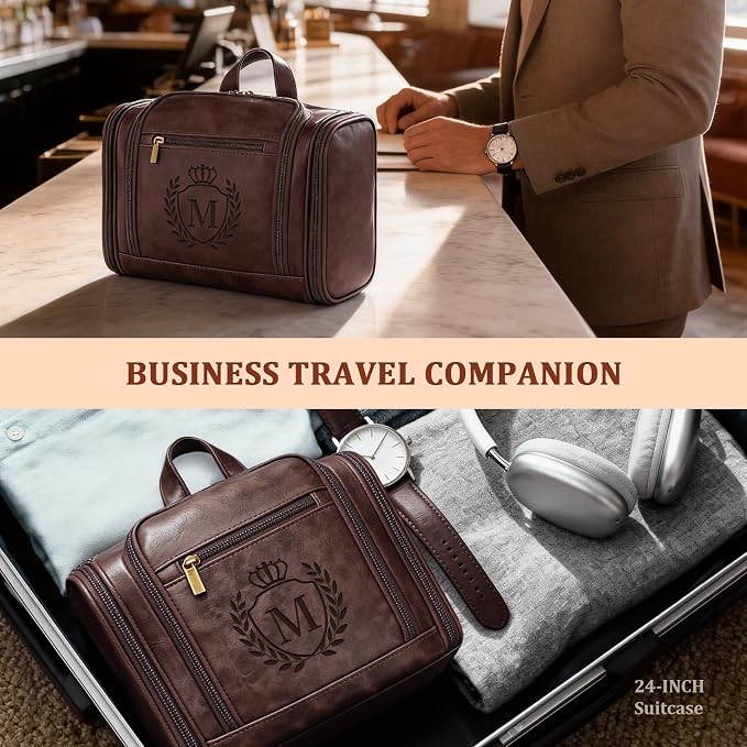 Personalized Retirement Gifts for Men Leather Toiletry Bag Travel M | Customized Male Boss Manager Doctor Police Retiring Gift|Large Hanging Dopp Kit Grooming Shaving Accessories Organizer Brown - Image 7