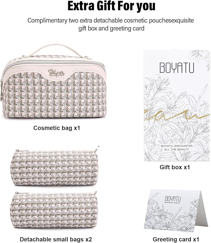 BOYATU Travel Makeup Bag Cosmetic Bags for Women: Large Capacity 3 Pcs Set Make up Bag with Compartments - Waterproof Vegan Leather Toiletry Organizer Bags with Handle (M-80Off-white) - Image 6