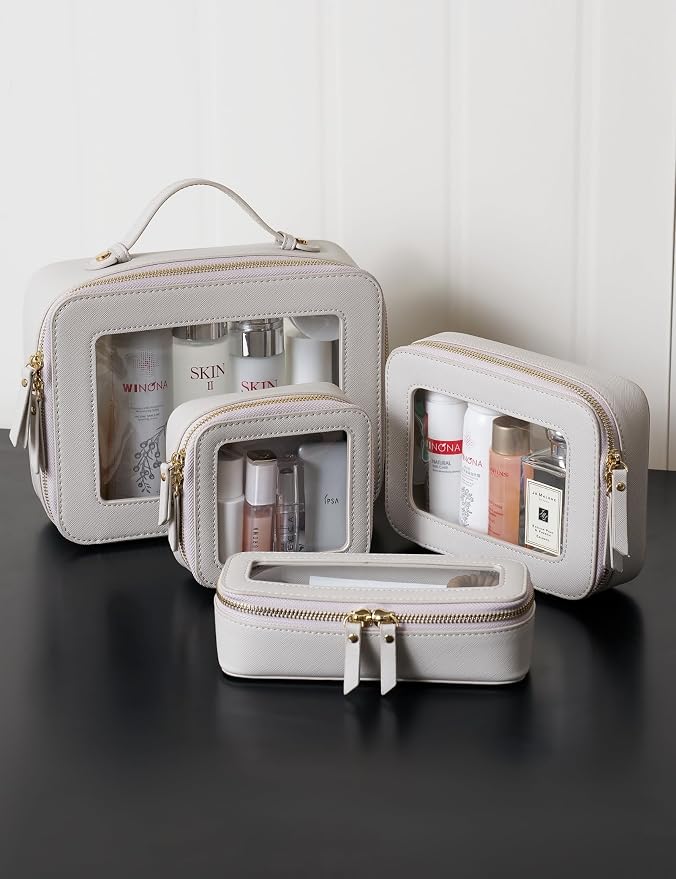 Popvibe Clear Makeup Case Set Toiletry Bag Travel Large Clear Cosmetic Bag with Zipper, Big Make Up Bag Organizer Women Traveling TSA Approved Transparent Bag Car for Essentials, Beige Grey - Image 8