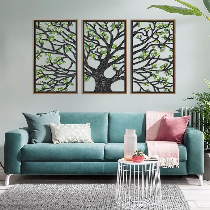 CHDITB Wooden Tree of Life Framed Wall Art(Set of 3, 16"x32"), 3 Panel Rustic Birch Green Leaves Hollow Laser Cut Artwork Decor, Modern Family Tree Wall Sculpture for Living Room Bedroom