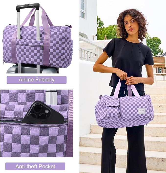 WOOMADA Foldable Travel Duffel Bag with Shoes Compartment, Overnight Bag with Wet Pocket & Trolley Sleeve, Weekender Bags for Women (violet checkerboard) - Image 6