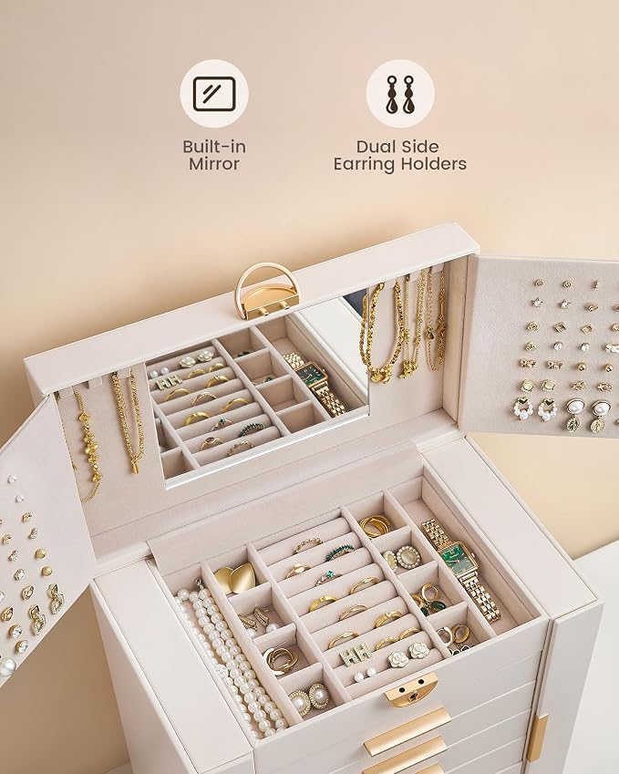 Lolalet Large Jewelry Box Organizer for Women, 7-Layer Jewelry Organizers and Storage Case with Mirror & 6 Drawers, Lockable Watch Ring Earring Bracelet Necklace Holder Girls Gift -7Layer, Beige - Image 9