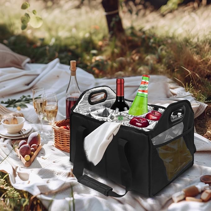 12 Bottle Wine Carrier Collapsible Bottle Caddy with Handles Storage Box for Travel Picnics Weddings Shopping Wine Tasting (Black) - Image 9