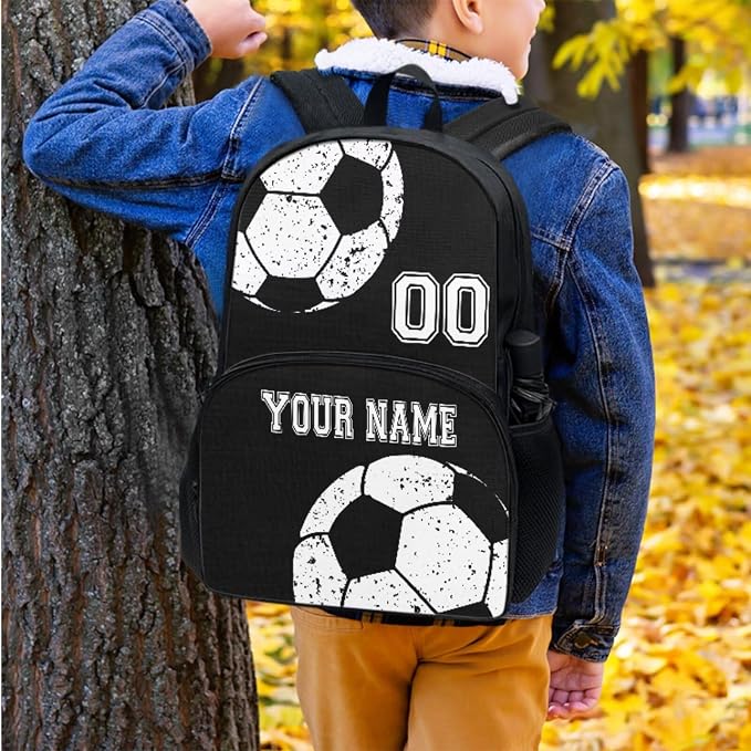 Customized Soccer Football Black School Bookbag Set for Boys Girls 4 Piece Ball Laptop Backpack Lightweight Lunch Bag Carry on Backpack Pencil Pen Pouch Organizer Water Bottle Bags - Image 7