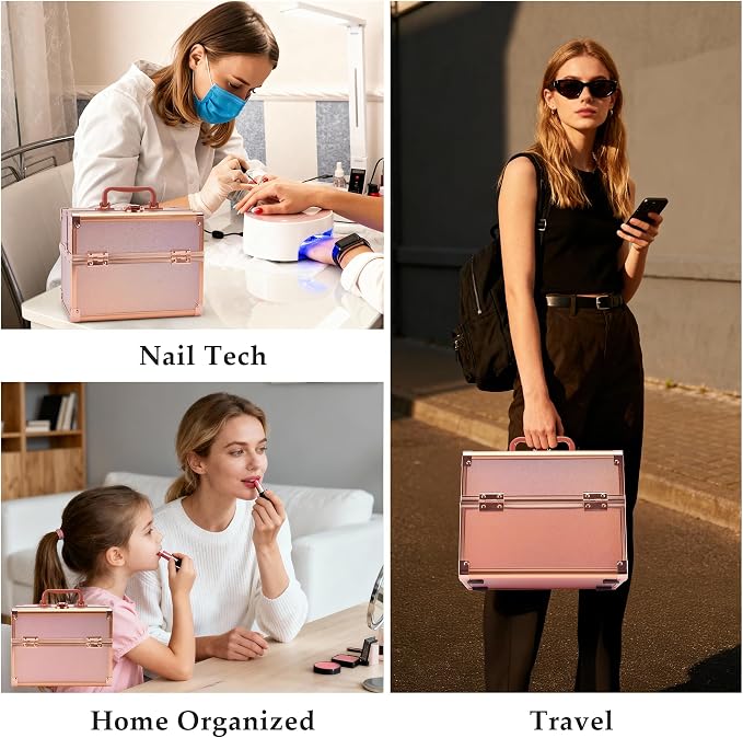Makeup Train Case, Portable Makeup Case with Mirror, 2-Trays Cosmetic Organizer Case,Nail Polish Organizer, Travel Makeup Box, Profesional for Salon Barber, Rose Gold - Image 6