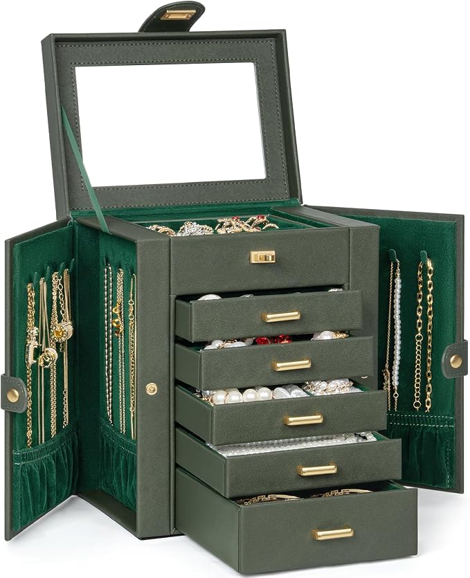 AKOZLIN 6-Tier Jewelry Box Organizer Functional 5 Drawers Leather Jewelry Storage Case for Women Girls Ring Necklace Earring Bracelet Holder Organizer with Mirror DrakGreen Regular - Image 8