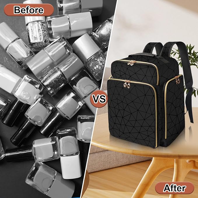 Nail Polish Organizer Backpack Holds 126 Bottles& Nail Lamp, Extra Large Nail Kit Supplies Organizer Bag with 3 Removable Cases, Portable Nail Organizers and Storage for Trave (Elegant Black) - Image 9