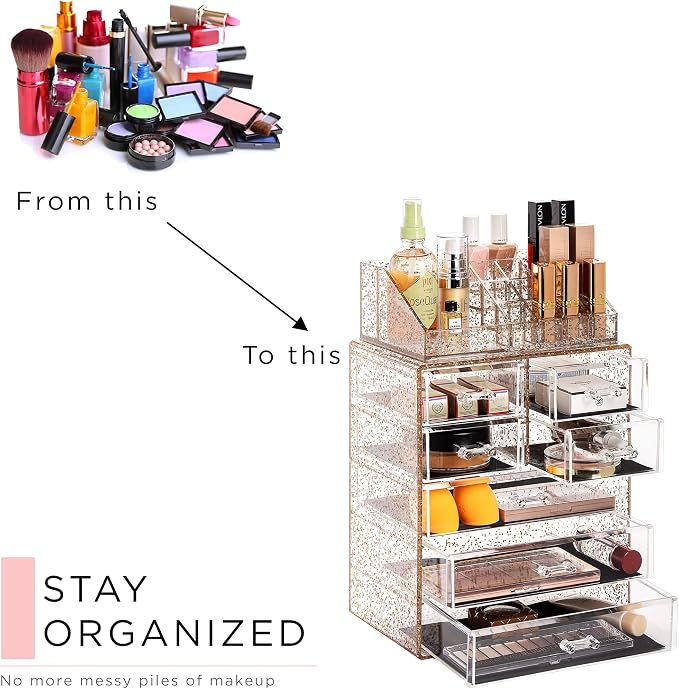 Sorbus Acrylic Makeup Organizer Set, 7-Drawer Vanity & Countertop Cosmetic Storage with Small & Wide Compartments, Glitter Makeup Storage for Brushes, Jewelry – Holiday Gift for Women & Teens - Image 7