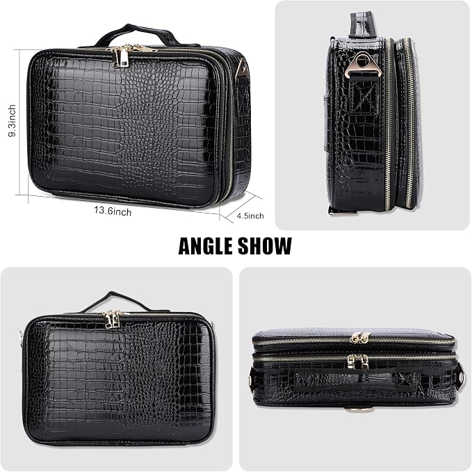 Travel Makeup Train Case,Large Capacity Cosmetic Bags for Women,Portable Makeup Bag Organizer with Adjustable Dividers & Shoulder Strap (Crocodile Pattern Black,Medium) - Image 6