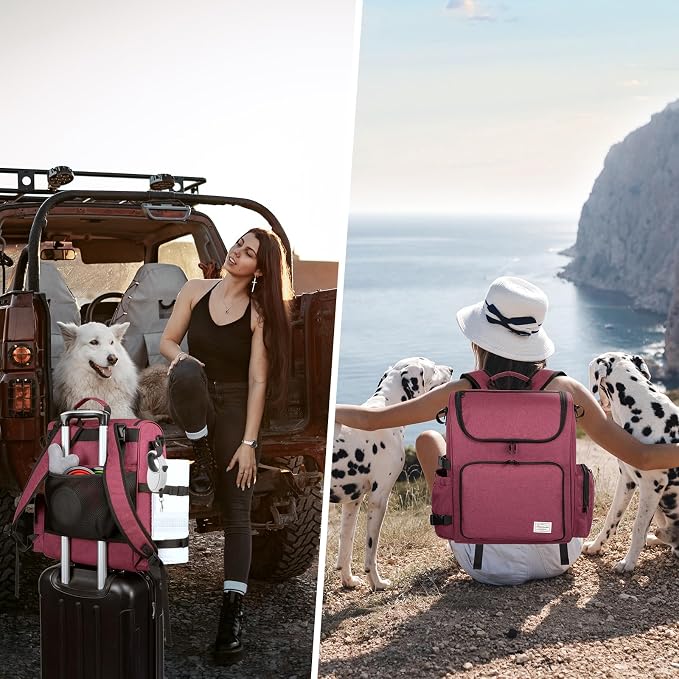 Modoker Multi-Compartment Dog Travel Backpack for Pet Supplies, Pink | Dog Travel Accessories Organizer with 2 Food Bags, 2 Bowls, Quick-Access Pockets, Tissue Opening, Luggage Sleeve, Feeding Mat - Image 7