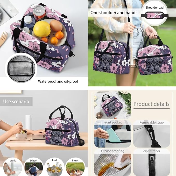 Cartoon Pug Dog Schoolbag Set 4In 1,Pug Dog Purple Floral School Backpack Set with Lunch Box Pencil Bag Bottle Carrier Bag Sling Bags for Boy Girl Middle School Primary Student Bookbag - Image 5