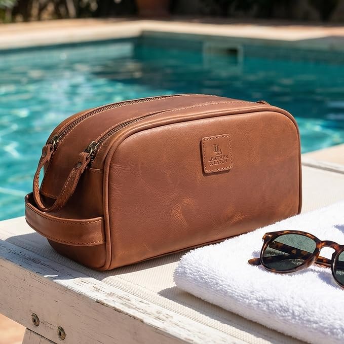 Leather Toiletry Travel Bag with Waterproof Lining, Large Capacity Vintage Dopp Kit, Shaving & Cosmetic Organizer for Men & Women - Tan - Image 9