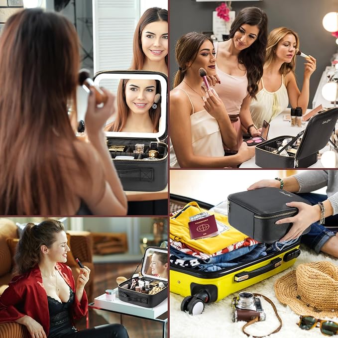 Extrei Gent Makeup Travel Train Case with Mirror LED Light 3 Adjustable Brightness Large Cosmetic Bag Portable Storage Adjustable Partition Waterproof Makeup Brushes Make up Jewelry Gift for Women - Image 5