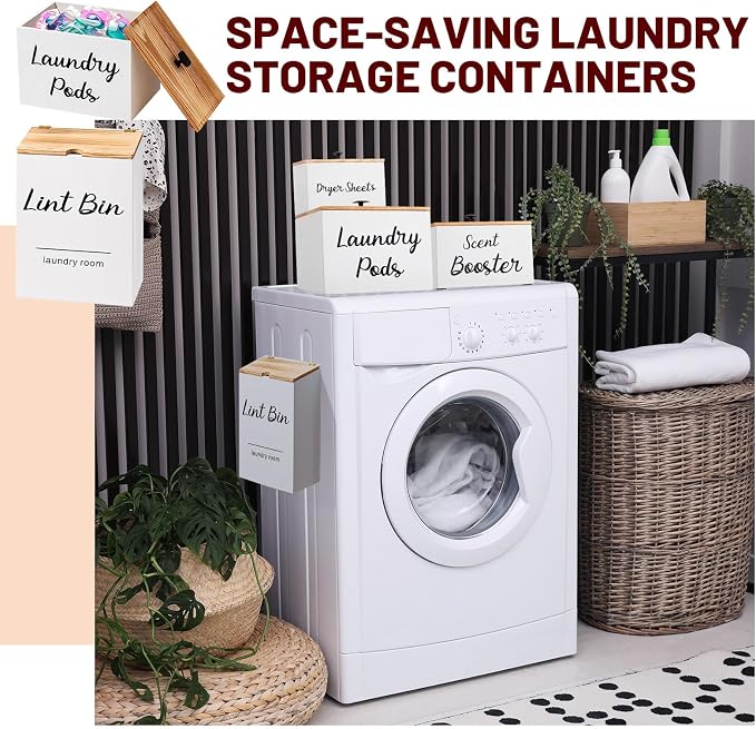 Dandat 4 Pcs Magnetic Laundry Pod Holder Laundry Room Container Set, Lint Bin with Scoop and Brush Dryer Sheet Holder, Scent Booster Container Rustic Gift Wood Farmhouse Room Decorcontainer(White) - Image 6