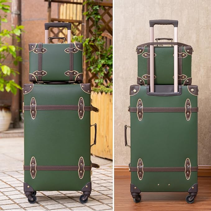 urecity 26" Vintage Luggage Set, 2 Piece Army Green Retro Checked Suitcase with Cosmetic Case, Luxury Vegan Leather Aluminum Frame Spinner Trunk for Women (with Protective Clear Cover) - Image 9