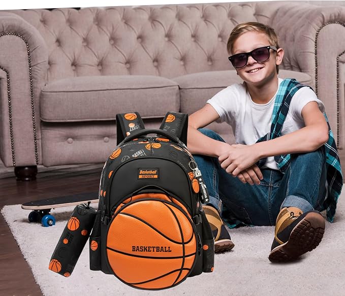 Boys' School Backpack with Lunch Box and Pencil Case - Ideal for Teens and Middle School Students, Orange Basketball - Image 7