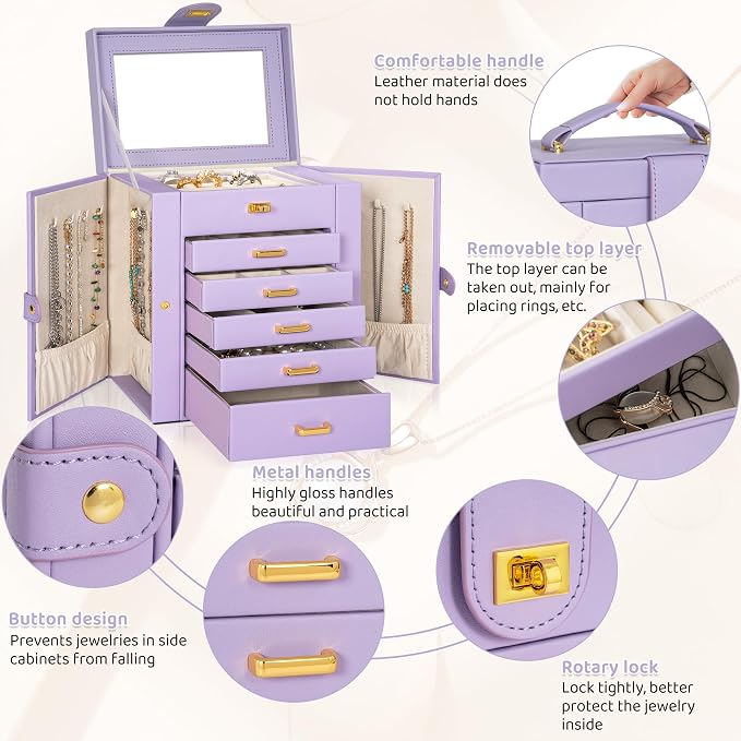 AKOZLIN 6-Tier Jewelry Box Organizer Functional 5 Drawers Leather Jewelry Storage Case for Women Girls Ring Necklace Earring Bracelet Holder Organizer with Mirror Purple Regular - Image 7