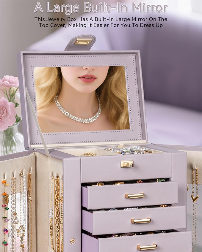 AKOZLIN 6-Tier Jewelry Box Organizer Functional 5 Drawers Leather Jewelry Storage Case for Women Girls Ring Necklace Earring Bracelet Holder Organizer with Mirror Purple 360° Rotating - Image 8