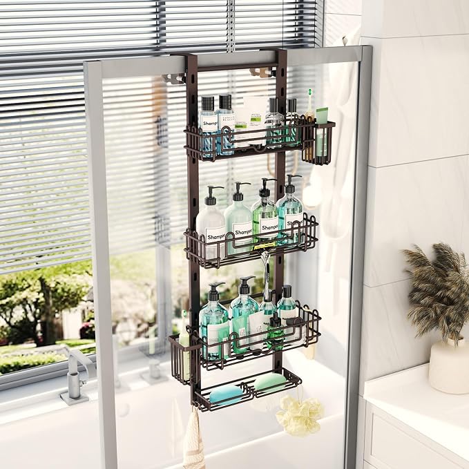 HapiRm 4 Tier Over the Door Shower Caddy, Hanging Shower Caddy with 22 Hooks and 2 Toothbrush Holders, No Drilling Adjustable Hanging Bathroom Organizer - Bronze - Image 8
