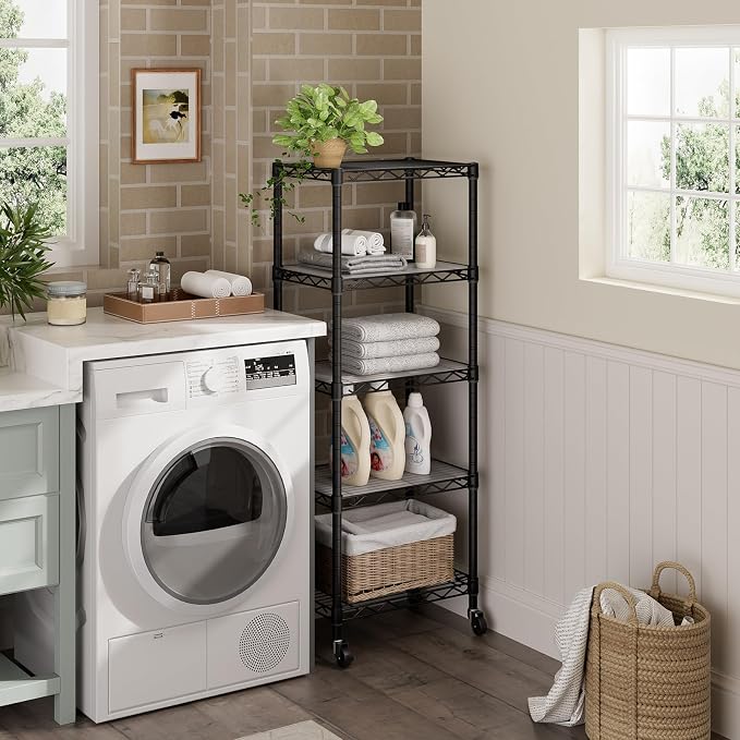 Golpart Small 5 Tier Shelves Storage Wire Shelving Unit Metal Shelf Adjustable Organizers Storage Shelving with Wheels for Bathroom Laundry Room Kitchen Pantry11.7”D x 17.7”W x 57.2”H Black - Image 9