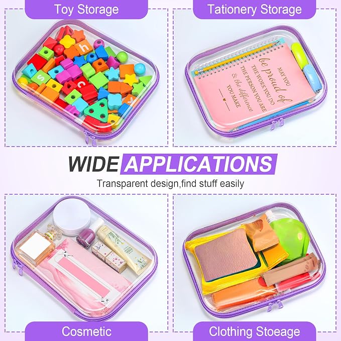 Sanwuta 6 Pcs Clear Hard Zipper Case Plastic Zipper Pouches Transparent Makeup Bag Pencil Case Pouches Toiletry Diaper Bag for Travel Toy Storage Organizer Bins(Purple,9.84 x 7.87 x 2 Inch) - Image 7