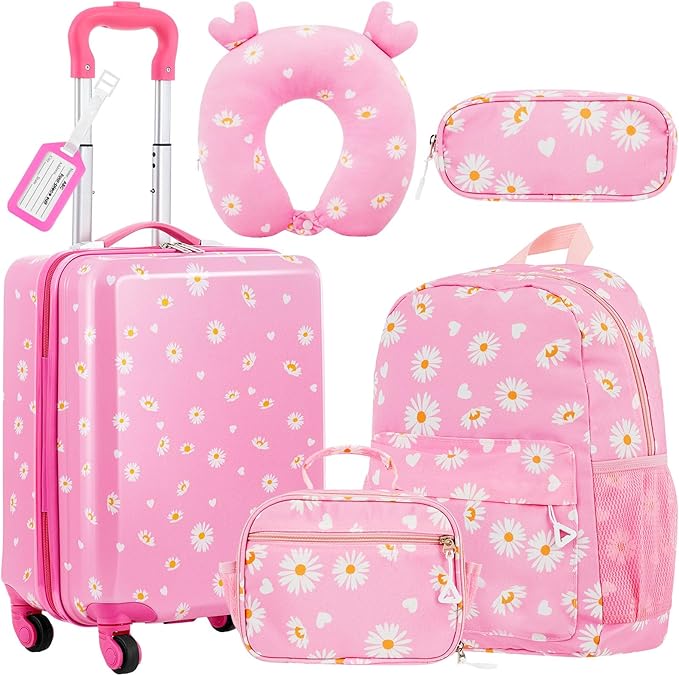 Redbaker 6 Pcs Kids Luggage Set, 17 Inch Rolling Suitcase with Backpack Lunch Bag Neck Pillow, Pink Daisy Travel Set for Summer Vacation Sleepover Back to School Gift - Image 9