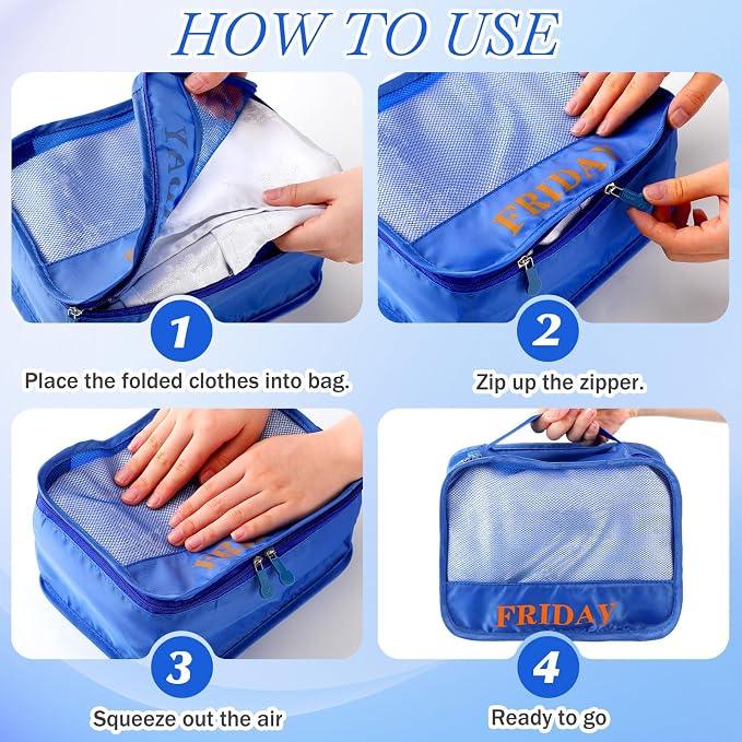 Days of Week Packing Cubes Summer Camp Essentials Weekly Organizer Storage Bag School Clothes for Travel Kids Family(9x7x3inch,Blue,15) - Image 6