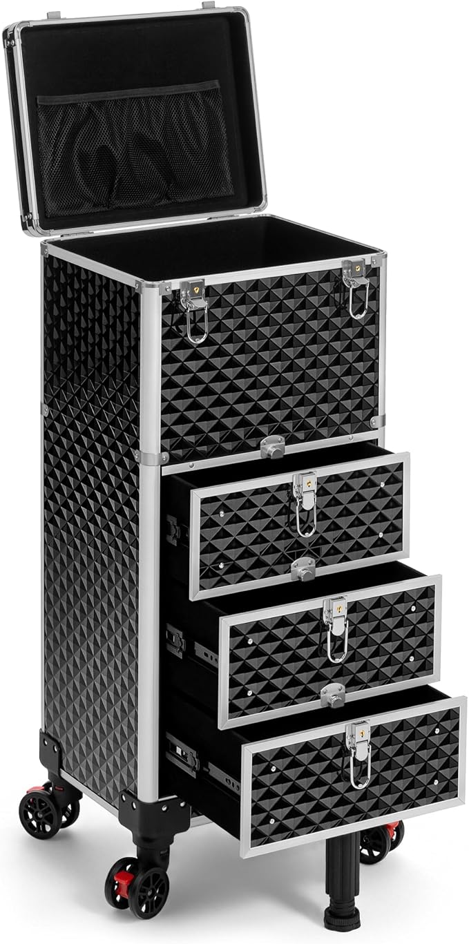 Rolling Makeup Train Case with 3 Drawers, Nail Trolley Cart Salon Station Cosmetology Case on Wheels Organizer Cases for Nail Tech,SPA,Face Painting,Hairstylist,Makeup Artist (Silver & Black) - Image 9