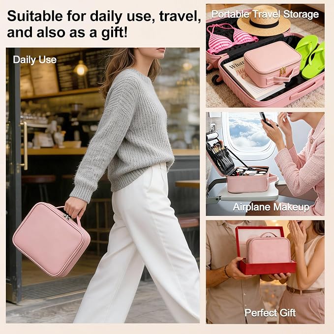 Travel Makeup Bag with Brush Holder, Professional Cosmetic Train Case Organizer for Women, Portable Travel Makeup Brush Carry Case Cosmetic Artist Storage Box with Adjustable Dividers, Leather Pink - Image 6