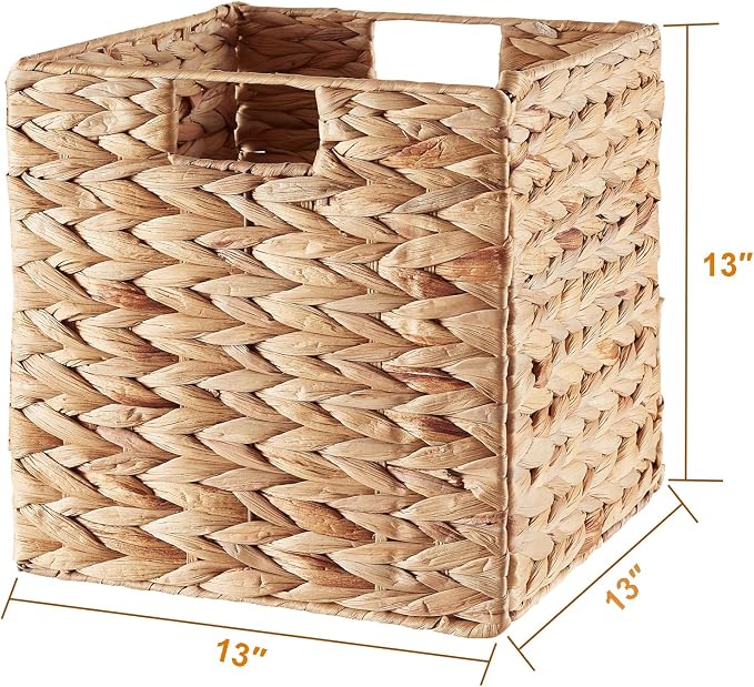 Vagusicc Storage Basket, Set of 2 Hand-woven Water Hyacinth Storage Baskets, Foldable Wicker Storage Basket 13 Inch Cube Storage Bins for Shelves Organizer Square Shelf Baskets, 13''x13''x13'' - Image 7