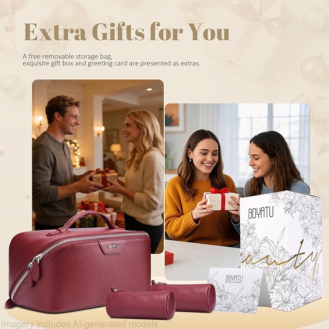 BOYATU Genuine Leather Travel Makeup Bag: Large Capacity 3 Pcs Set Cosmetic Bags for Women - Designer Waterproof Hand-made for Toiletry Organizer - Ladies Travel Essentials for Elegance (06Burgundy) - Image 5