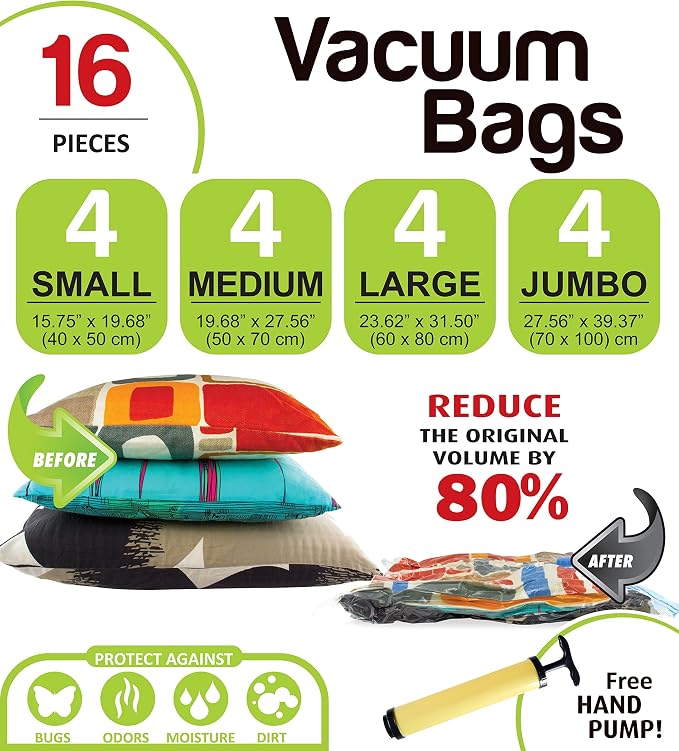 16 Pack Vacuum Storage Bags Space Saver Set with Hand Pump, 4 Jumbo 4 Large 4 Medium 4 Small Vacuum Seal Bags for Clothes Comforters Blankets Bedding Travel, Reduces Original Volume 80% - Image 8