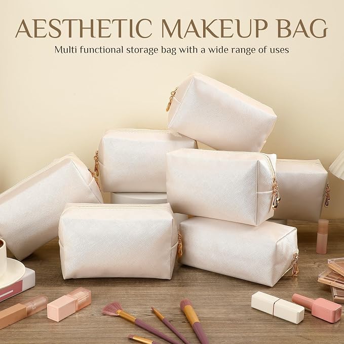 100 Pack Aesthetic Makeup Bags Bulk PU Leather Cosmetic Pouches Waterproof Toiletry Bags Makeup Pouches Bulk for Teen Girls Women Party Gift Travel Storage Back to Teacher Gift (Ivory White) - Image 7