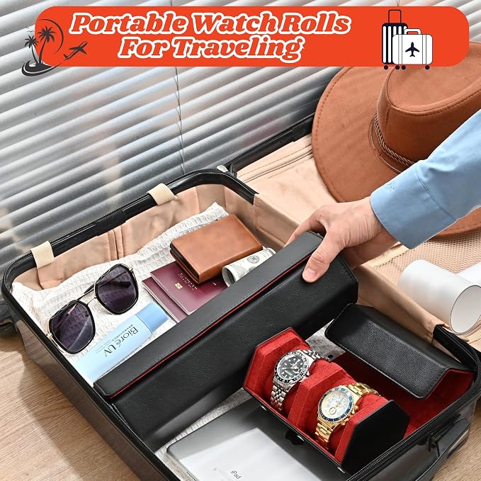 Luxury Hexagonal Leather Travel Watch Roll for 2 Watches, Black Red | Multiple Watch Capacity,Premium Hexagon Leather,Velvet M-Shaped Cushions,Secure Snap Closure,Storage Organizer - Image 7