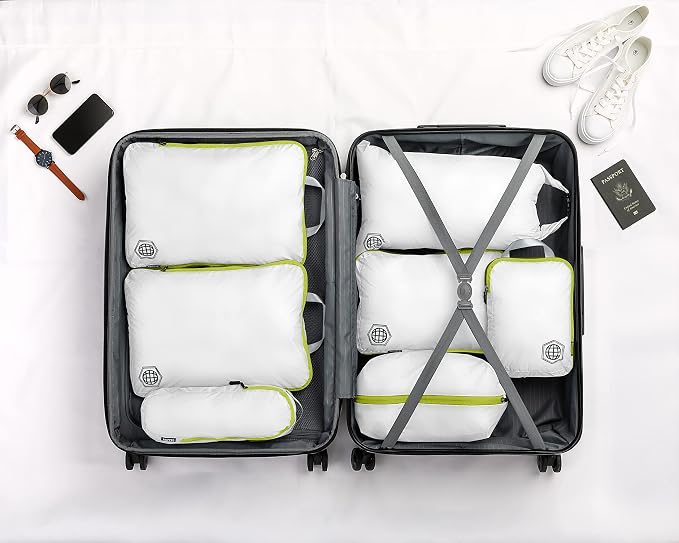 Large Compression Packing Cubes for Travel-Packing Cube Luggage Organizers 7 Piece Set for Checked Luggage-Ultralight, Expandable/Compression Bags by TRIPPED Travel Gear (White/Green) - Image 9