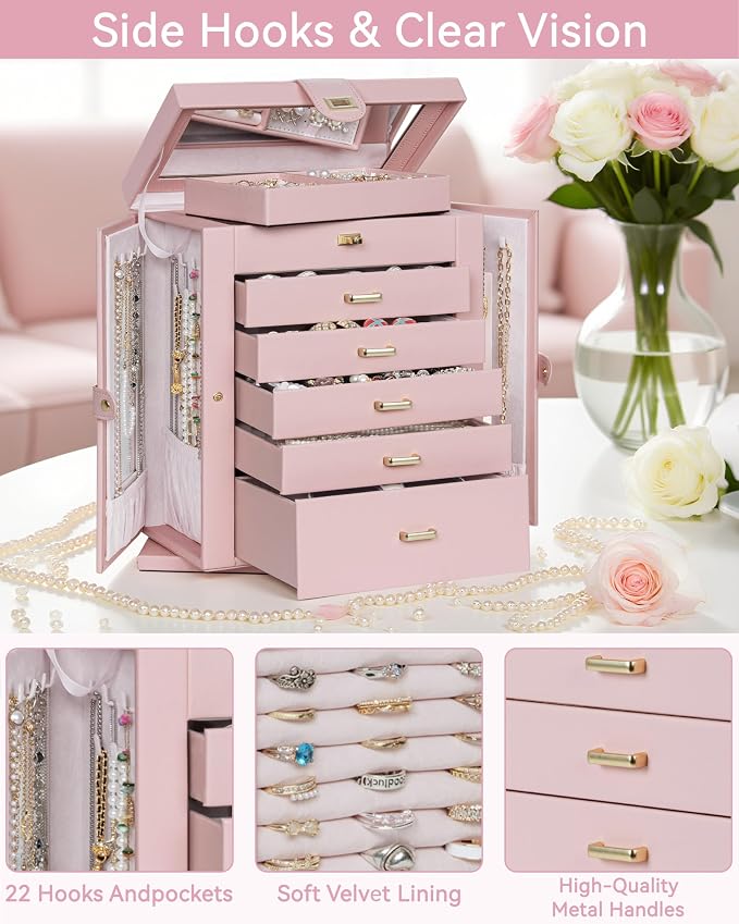 AKOZLIN 6-Tier Jewelry Box Organizer Functional 5 Drawers Leather Jewelry Storage Case for Women Girls Ring Necklace Earring Bracelet Holder Organizer with Mirror XL Pink 360° Rotating - Image 8
