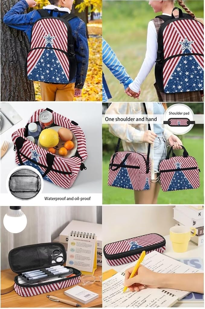 Red American Flag Stripes Stars Backpack Set for Girls Kids Lightweight Cute School Backpack with Lunch Box Pencil Case Adjustable Strap Padded Book Bag Insulated Lunch Bag - Image 5