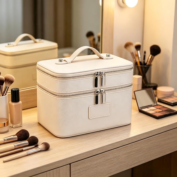 Makeup Case, Large Capacity Leather Makeup Bag for Women,Large Capacity Waterproof Double Leather Cosmetic Case,Removable Compartment Travel Organizer - Image 6