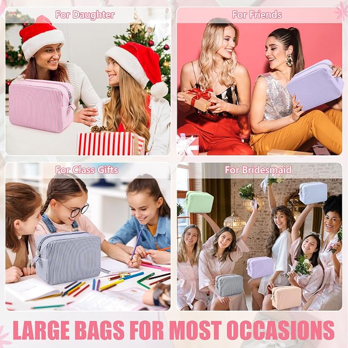 Giesiery 8 Pcs Seersucker Makeup Bags Striped Cosmetic Bags Bulk Organizer for Women Preppy Travel Toiletry Pouch for Wedding Bridesmaid Gifts (Pastel Color, Large) - Image 7