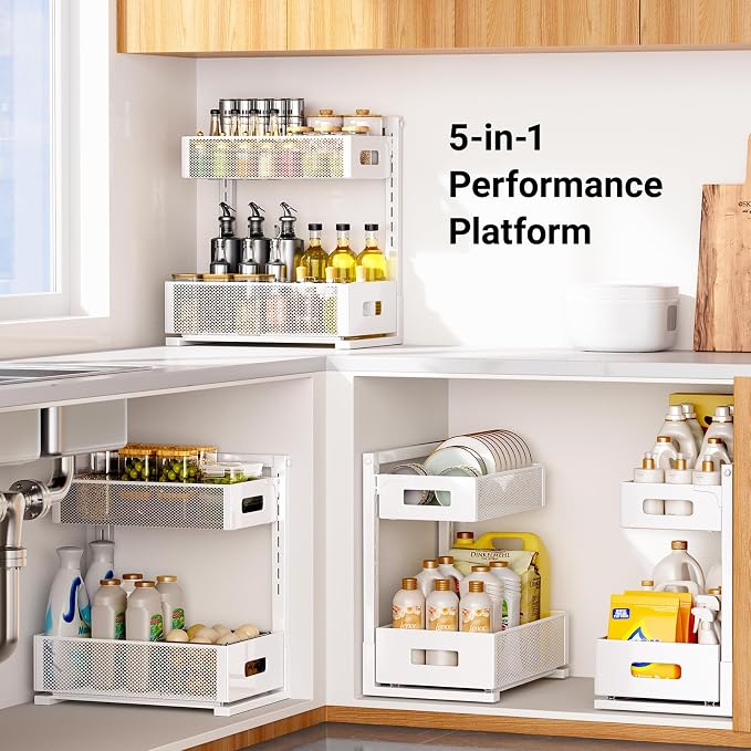 TISTAYA Pull-out Under Kitchen Sink Organizer, Metal Functional Under Sink Organizer, Height Adjustable Under Bathroom Sink Organizer, Under Sink Storage for Kitchen Bathroom Cabinet (White) - Image 9
