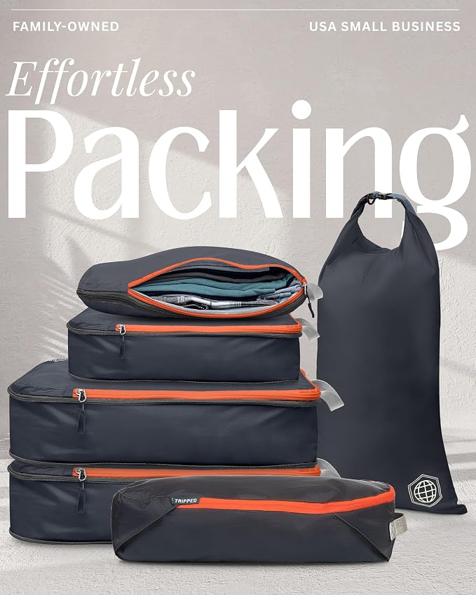 Compression Packing Cubes for Travel, 6-Piece Lightweight Packing Cubes Set for Carry-On Luggage & Backpacks – TRIPPED Travel Gear (Grey and Orange) - Image 8