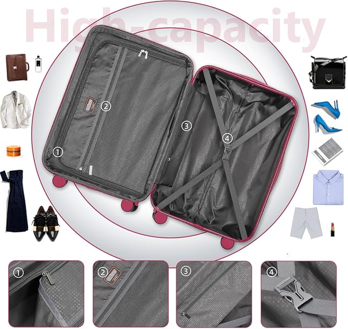 Rose Red 6 Piece Luggage Set Hard Shell - Expandable Suitcases with Spinner Wheels and Duffel Bags for Family Travel, Durable Carry On Luggage Sets with Lock for Women and Girls - Image 7