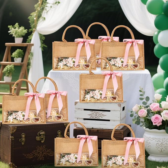 8 Pack Burlap Tote Bags with Clear PVC Window and Pink Ribbon DIY Bachelorette Bags Bridesmaids Gift Bag Reusable Grocery Bag with Handle for Wedding Engagement Beach Shower Party - Image 7