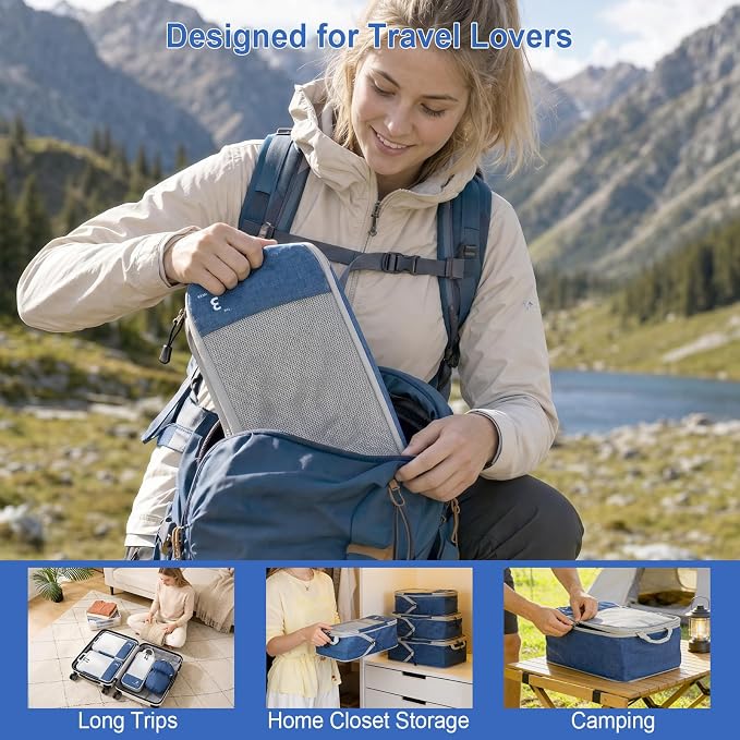 VINATO Packing Cubes Compression 6erSet - Waterproof Vacuum Bags & Organizer Suitcase for Clothes and Shoes, Space Saving for Suitcase Backpack Hand Luggage, Travel Organizer Blue - Image 7